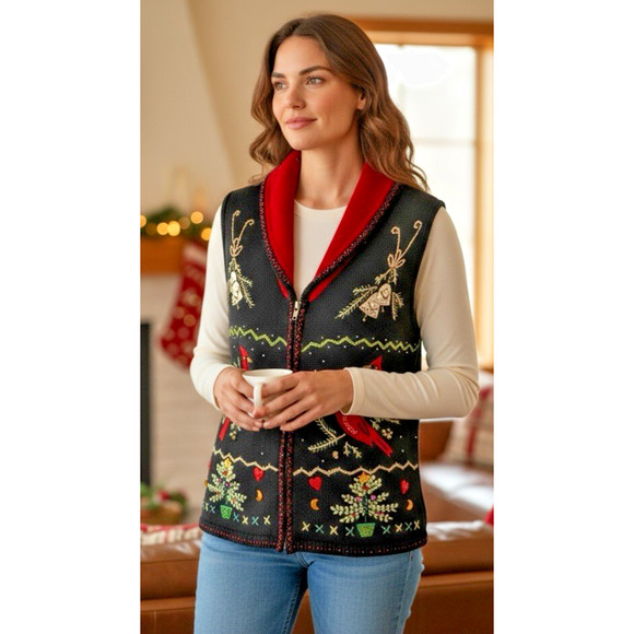 Lisa international Sweaters - Christmas Holiday Sweater Vest Women’s Size Small Red Cardinals Embellished EUC